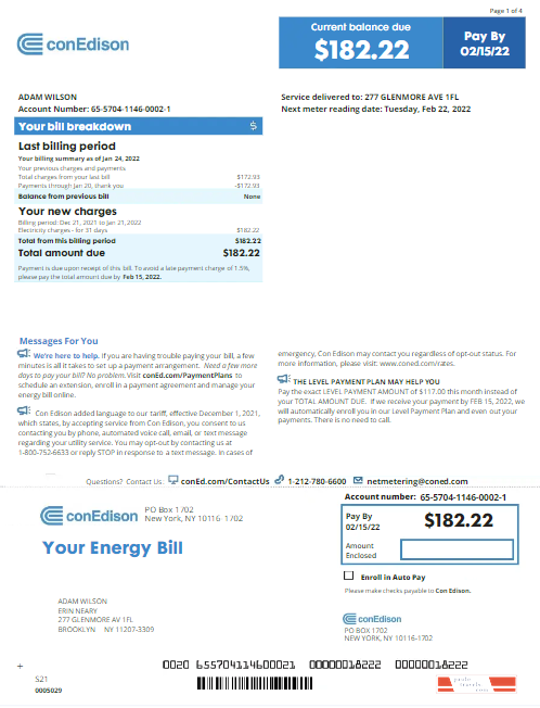 USA NEW YORK CONEDISON utility bill Word and PDF template, version 2